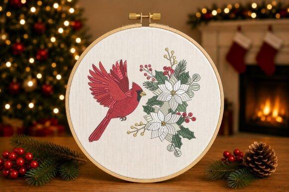 Cardinal and poinsettia bird embroidery designs in a hoop with Christmas decorations in the background