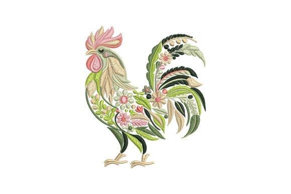 Floral rooster bird embroidery designs with decorative botanical details
