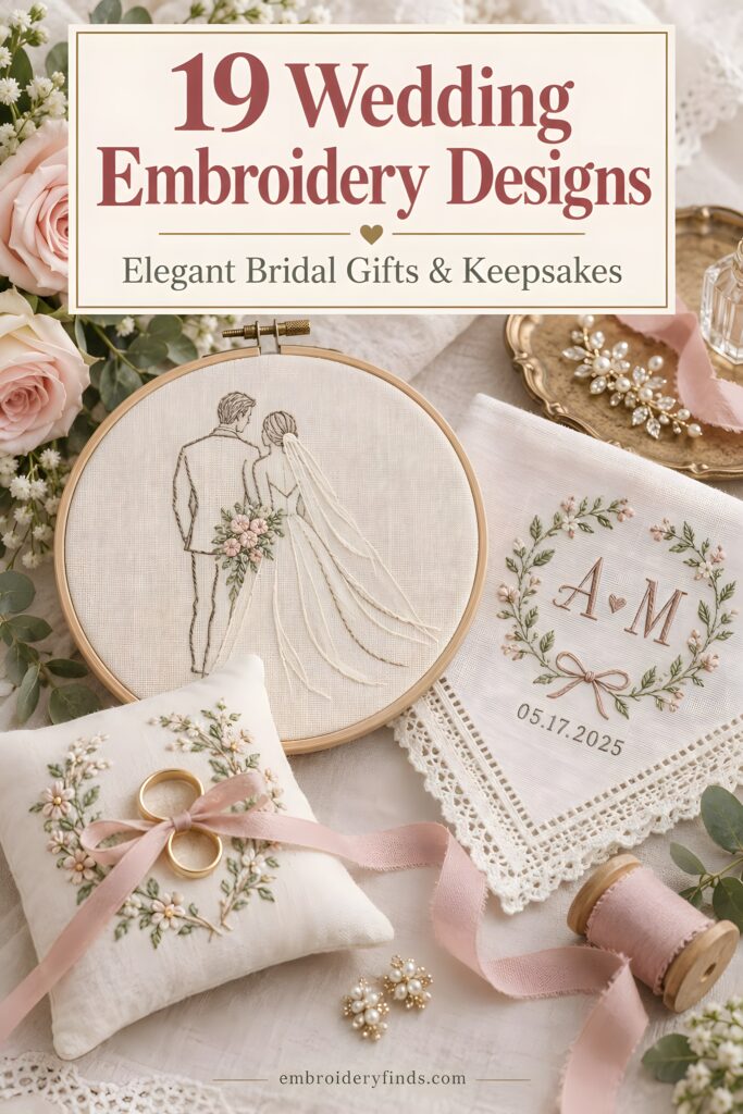 Wedding embroidery designs for bridal gifts including couple outline, monogram handkerchief, and floral ring pillow