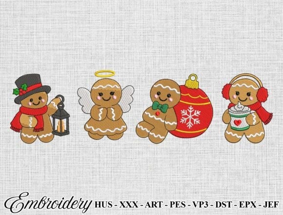 Etsy embroidery files for machine embroidery projects featuring four gingerbread motifs including a gingerbread man with