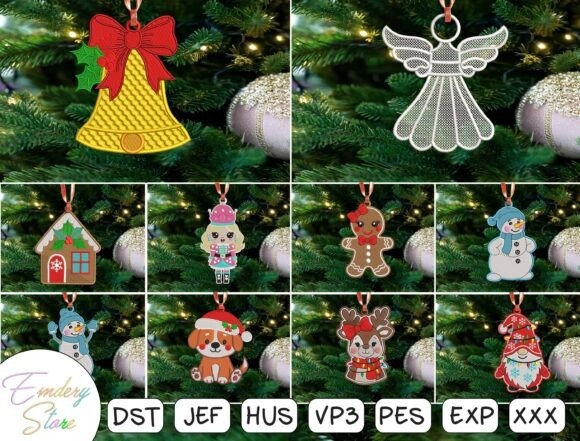 Etsy embroidery files for machine embroidery projects featuring various Christmas ornament designs including bell, angel
