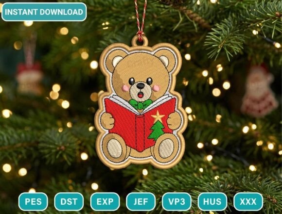 Etsy embroidery files for machine embroidery projects featuring a teddy bear Christmas ornament design hanging on a tree