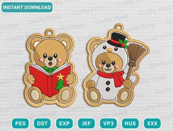 Etsy embroidery files for machine embroidery projects featuring two Christmas ornament designs of bears, one reading a book