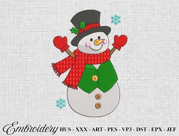 Etsy embroidery files for machine embroidery projects featuring a classic Christmas snowman with red scarf and mittens