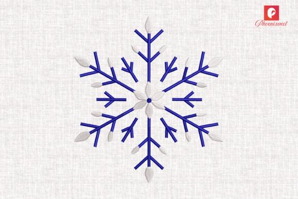 Winter embroidery patterns featuring a detailed blue-and-white geometric snowflake design with floral center on fabric