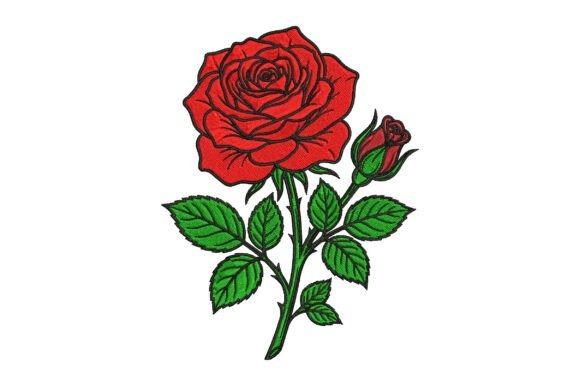 Classic rose embroidery designs featuring a full red bloom with bud and green leaves