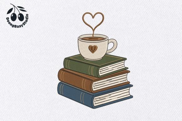 Tote bag embroidery design featuring a coffee cup with heart steam on stacked books