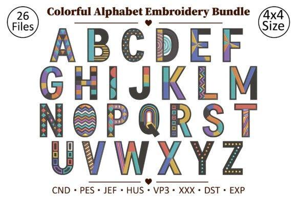 Colorful embroidery alphabet designs with geometric patterns and decorative stitched details for 4x4 projects