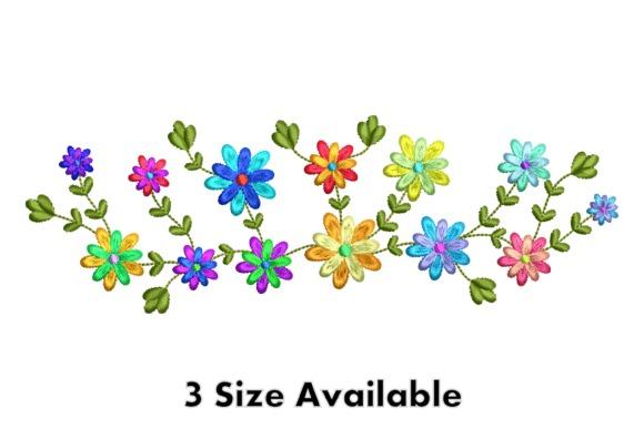 Colorful floral border embroidery design with various bright flowers and green leaves for embroidery shirt