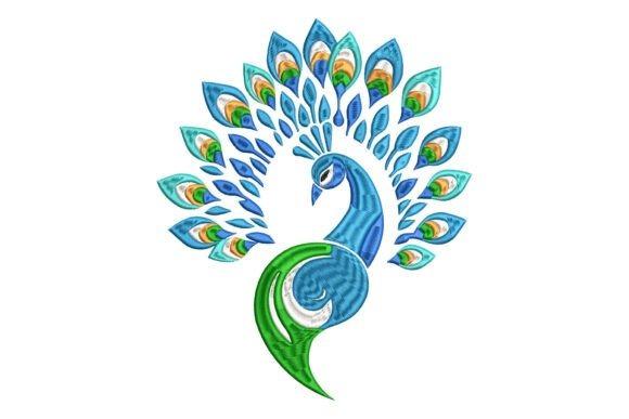Colorful peacock embroidery design with blue and green feathers in a decorative pattern