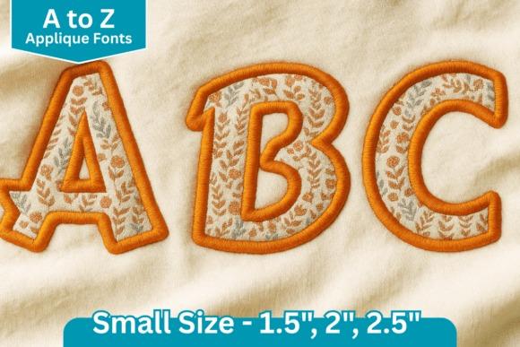 Embroidery fonts showing A, B, C letters in Comic Applique style with orange borders and floral patterns
