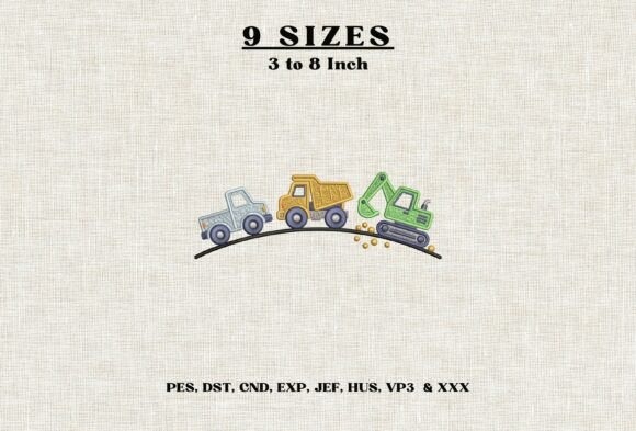 Etsy embroidery files for machine embroidery projects featuring construction trucks in 9 sizes from 3 to 8 inches