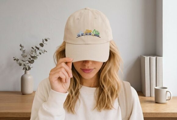 Beige cap with Etsy embroidery files for machine embroidery projects featuring colorful construction trucks on a curved track