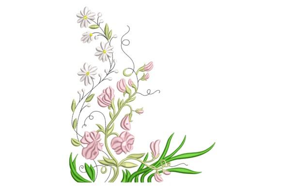 Delicate corner floral wedding dress embroidery with pink and white flowers and green leaves