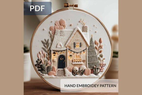 Hand embroidery designs featuring a cozy cottage with floral and snowy details in a round hoop