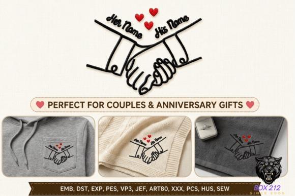 Wedding embroidery hoop designs showing couple holding hands with customizable names and hearts