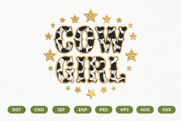 Cowgirl machine embroidery design with cow-print lettering and gold stars for tote bag embroidery