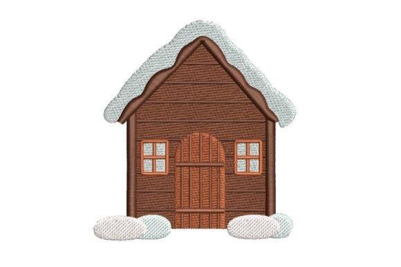 Winter embroidery patterns showing a rustic snow-covered log cabin with bare trees and snow on the ground