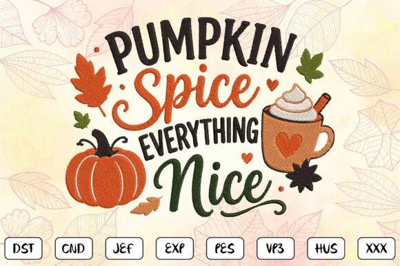 Pumpkin embroidery designs featuring a pumpkin, coffee mug with whipped cream, and pumpkin spice lettering