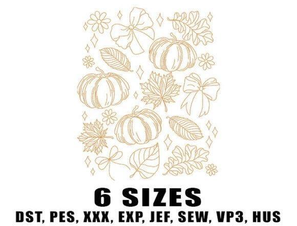 fall embroidery designs featuring delicate pumpkin, leaf, and bow linework in a cozy rustic style
