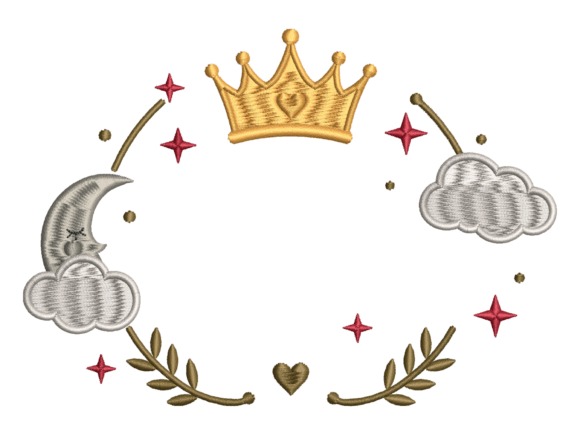 Etsy embroidery files for machine embroidery projects featuring a crown, moon, cloud, stars, and wreath design