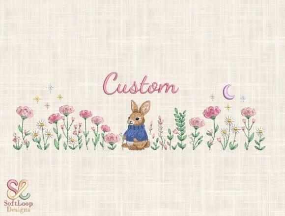 Custom bunny embroidery design with name embroidery ideas, flowers, leaves, and celestial details