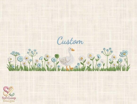 Custom goose embroidery design with personalized script lettering and blue and white flowers on — name embroidery ideas