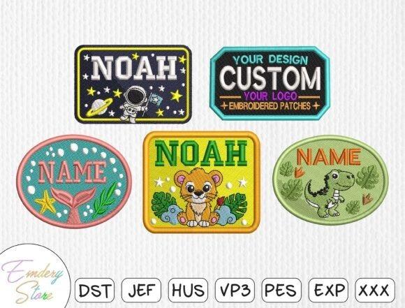 Custom name machine embroidery patch designs including astronaut, dinosaur, lion, whale, and customizable logo patches