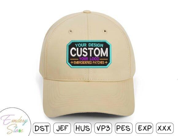 Beige cap with a customizable machine embroidery patch reading Your Design Custom Your Logo Embroidered Patches