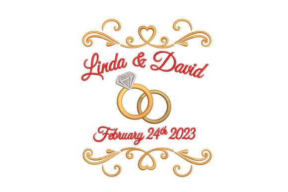 Wedding veil embroidery featuring custom wedding rings with names Linda & David and date February 24th 2023