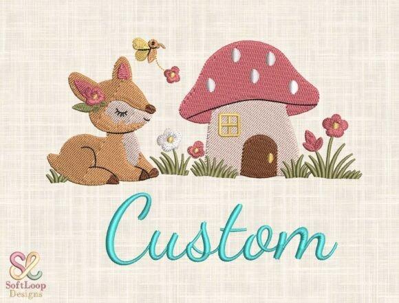 Custom woodland deer embroidery design with name embroidery ideas featuring a sleeping deer, mushroom house, flowers, and