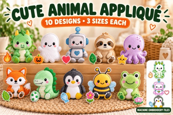 Etsy embroidery files for machine embroidery projects featuring cute animal appliqué designs including dragon, ghost, robot