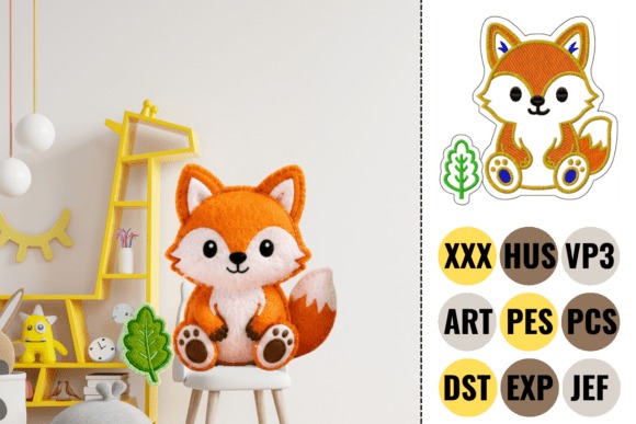 Etsy embroidery files for machine embroidery projects featuring a cute fox animal appliqué design with colorful fabric