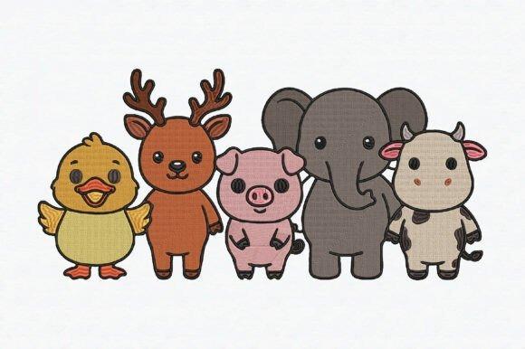 Animal embroidery designs featuring a duck, deer, pig, elephant, and cow in a kawaii style