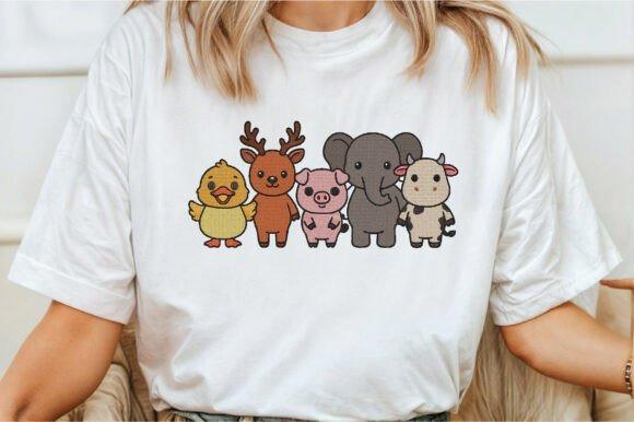 White t-shirt with animal embroidery featuring a duck, deer, pig, elephant, and cow in kawaii style