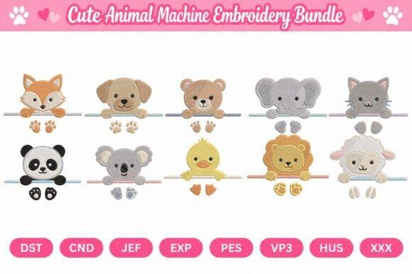 Cute animal embroidery designs including fox, puppy, teddy bear, elephant, cat, panda, koala, duck, lion, and sheep in