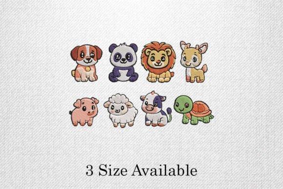 Animal embroidery designs including dog, panda, lion, deer, pig, sheep, cow, and turtle characters