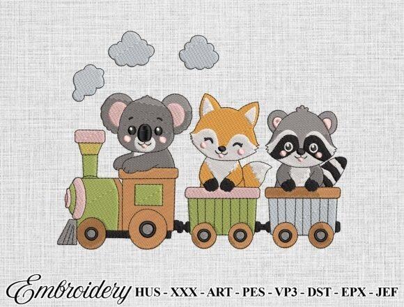 Cute animal train embroidery design with koala, fox, and raccoon on a toy train for baby embroidery ideas for clothes