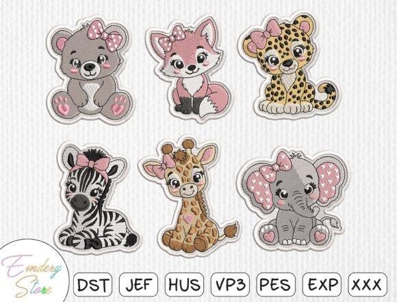Animal embroidery patches featuring bear, fox, leopard, zebra, giraffe, and elephant with satin-stitch borders