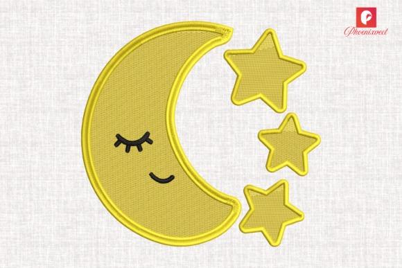 baby embroidery ideas for clothes with a sleeping crescent moon and three stars design in yellow thread