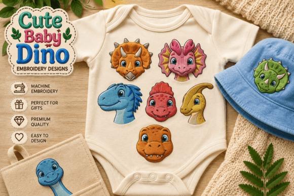 Kids embroidery designs featuring colorful baby dinosaur faces on a baby bodysuit, hat, and bag