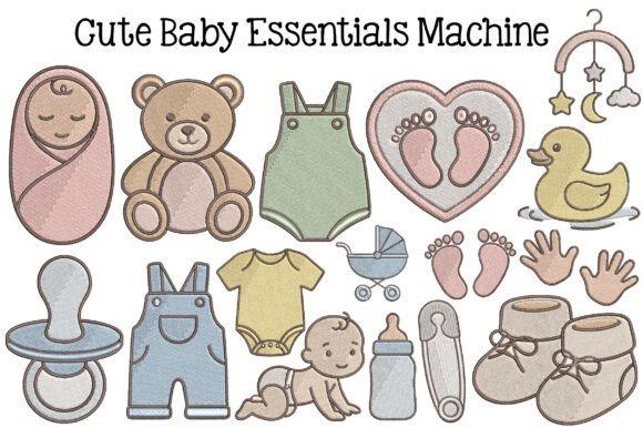 baby embroidery ideas for clothes featuring newborn objects like teddy bear, baby clothes, footprints, pacifier, and stroller