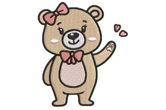 teddy bear embroidery design with pink bows and hearts waving paw