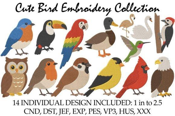 bird embroidery designs featuring 14 colorful individual bird motifs including owl, toucan, parrot, duck, flamingo, swan