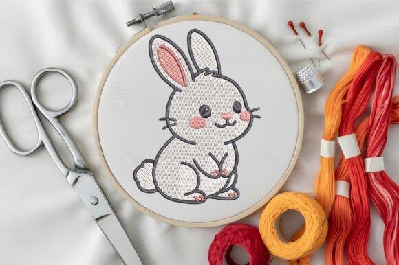 Animal embroidery of a cute grey and pink bunny rabbit with rosy cheeks and heart-shaped nose in an embroidery hoop