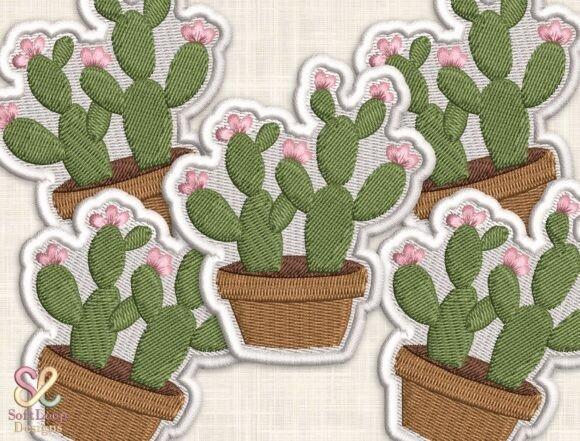 machine embroidery patch of cute green cactus with pink flowers in brown pot