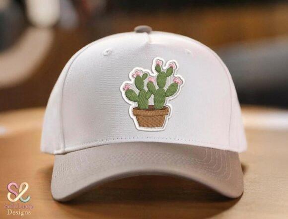 machine embroidery patch of cute cactus with pink flowers on white cap