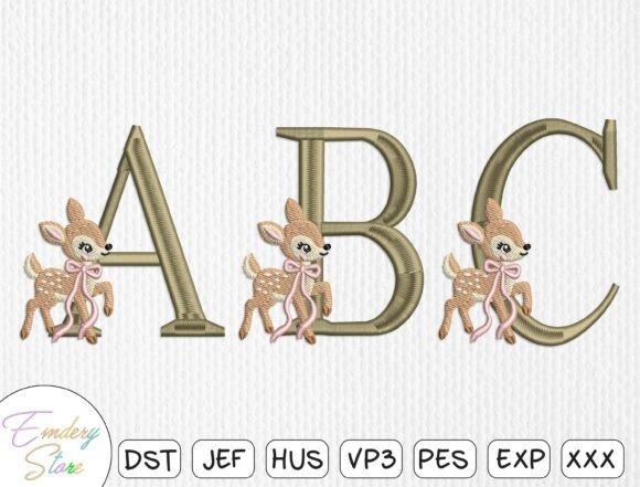 Etsy embroidery files for machine embroidery projects featuring a cute deer-themed alphabet with letters A, B, and C