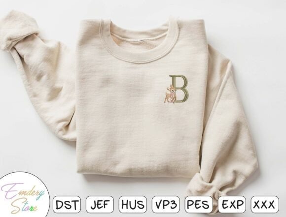 Etsy embroidery files for machine embroidery projects featuring a beige sweatshirt with a deer-themed letter B embroidery
