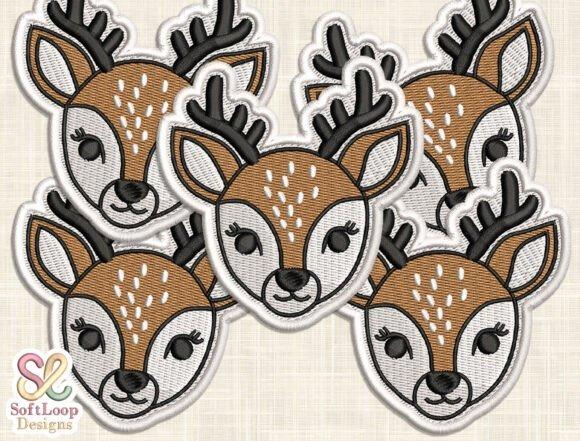 machine embroidery patch of a cute cartoon deer face with soft brown tones and dark antlers